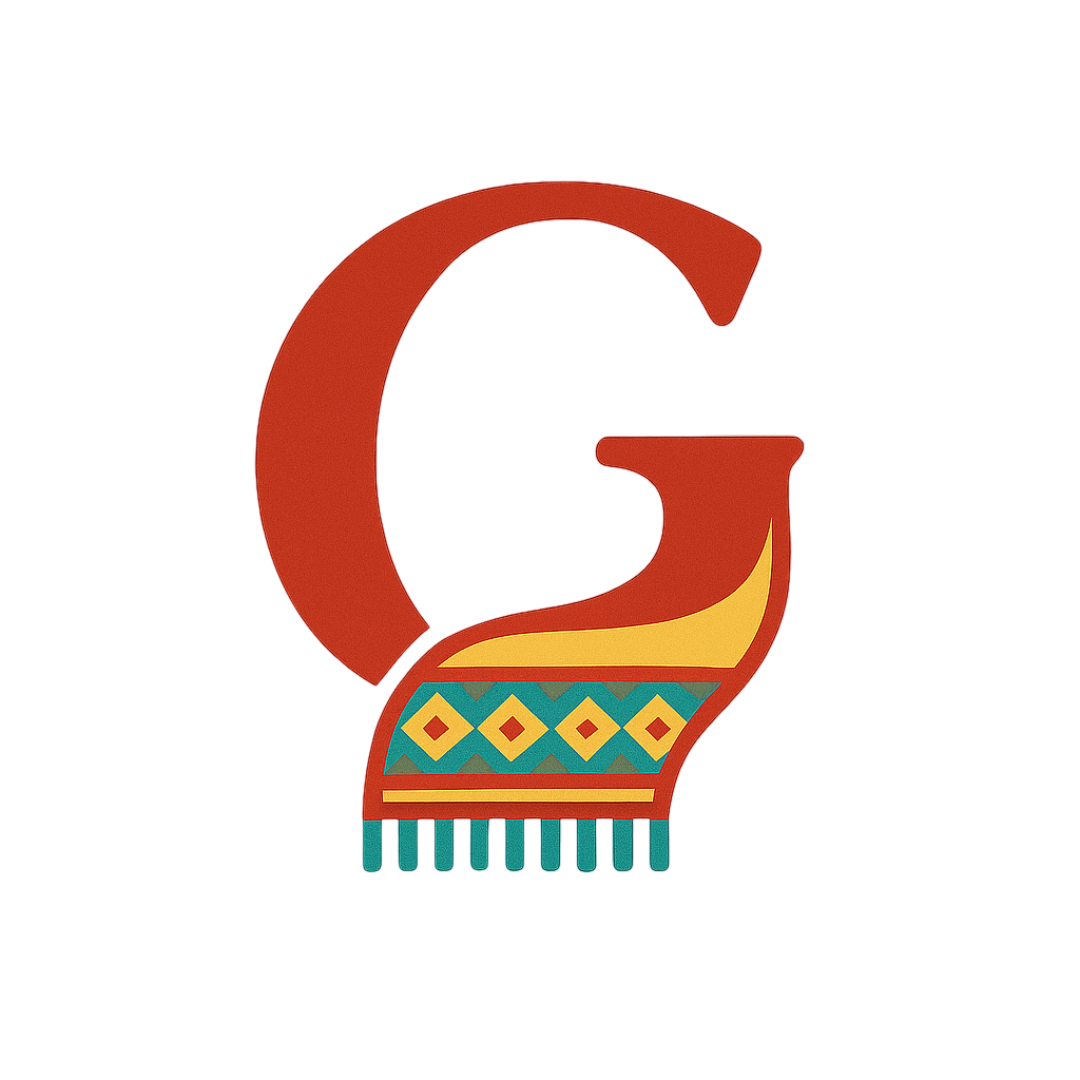 Large stylized letter G in red with a decorative yellow and teal patterned scarf draped over the lower part, featuring geometric shapes and fringe, set against a transparent background. The design feels festive and culturally inspired. No visible text other than the letter G.